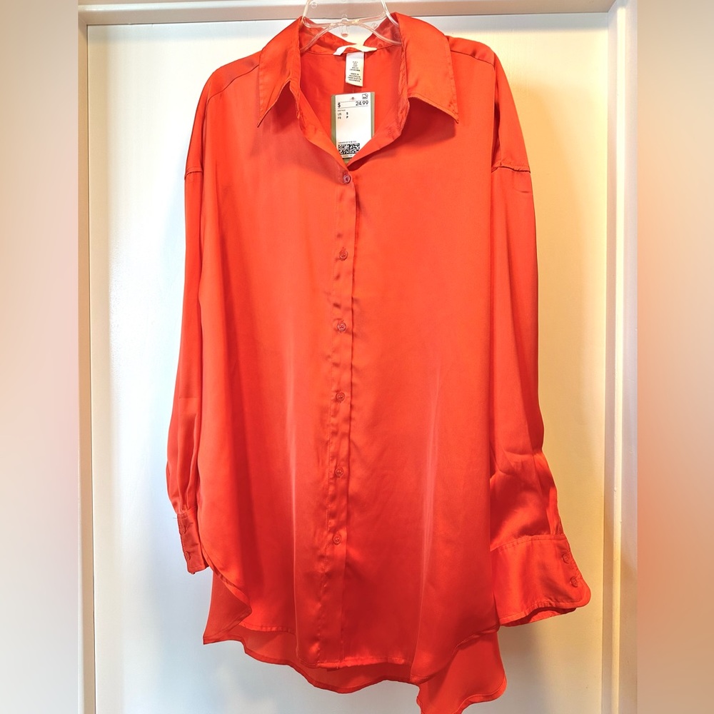 H&M Orange Satin Button Down Shirt Blouse Size Small - Picture 3 of 7